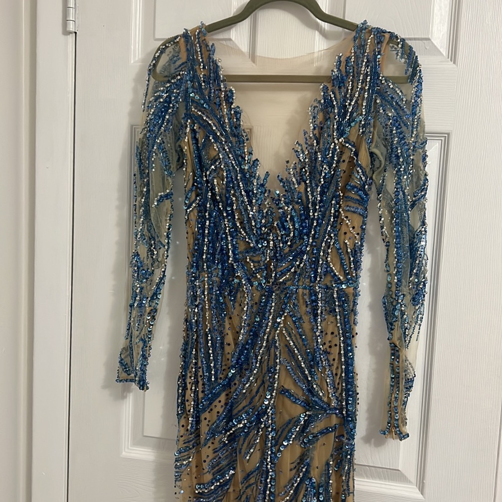 Albina Dyla Customized Blue Beaded Gown Pageant Gala Prom Ball - Picture 3 of 9
